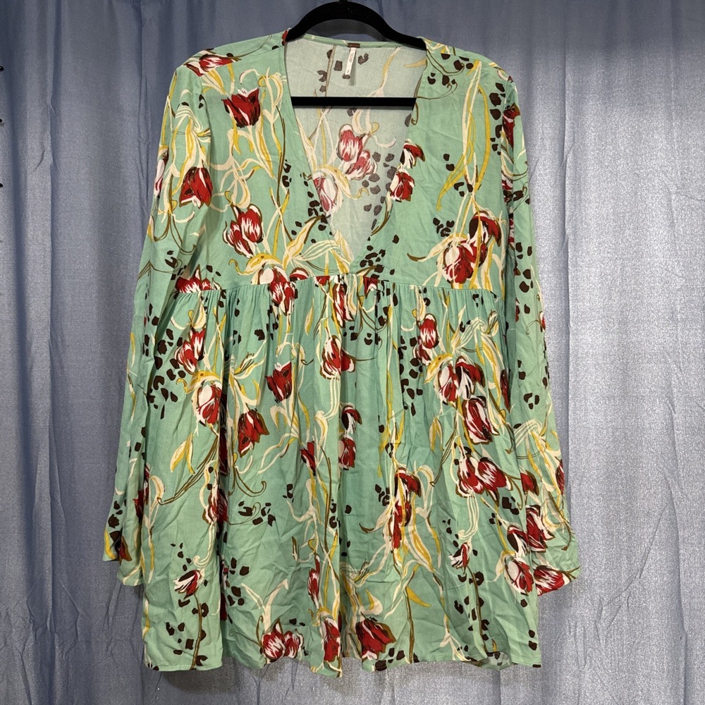 Free People Womens Green Bella Floral Tunic Top Size S Boho Oversized